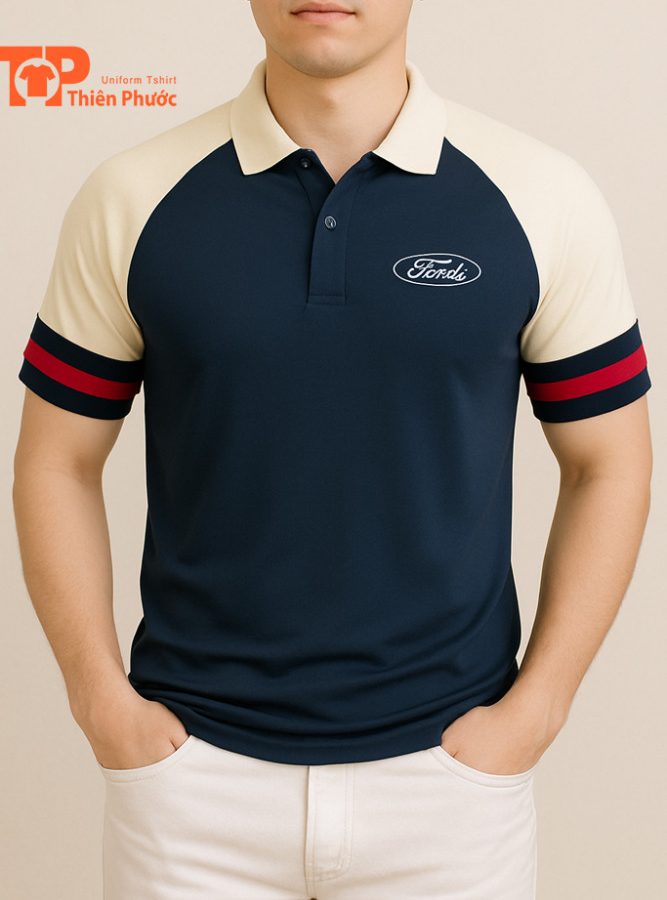 Ao Thun Polo Dong Phuc Ford Phoi Tay Soc Xanh Do Mat Truoc