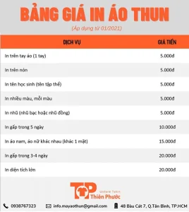 Bảng giá in áo thun đồng phục tại Thiên Phước