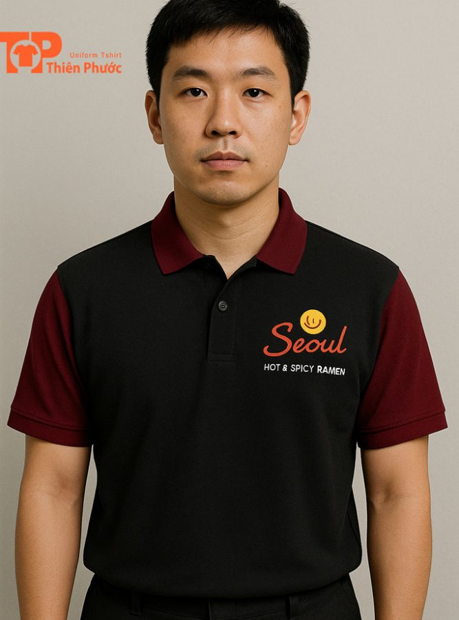 Dong Phuc Ao Polo Mi Cay Seoul Mau Den Tay Ngan Mat Truoc