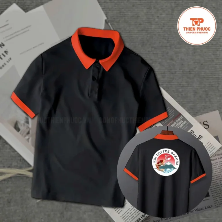 Áo polo đen phối cổ cam – đồng phục công ty Thiên Phước
