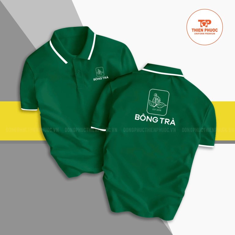 Áo cổ trụ xanh lá in logo trước sau – đồng phục công ty Thiên Phước