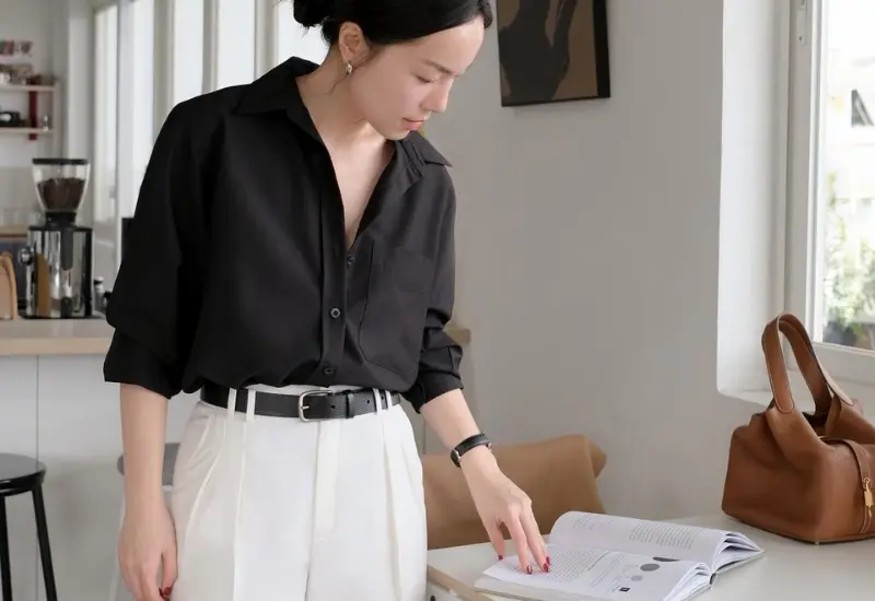 Sơ mi đen phối quần gì nữ – gợi ý mix & match thanh lịch và thời thượng 13 Sơ mi đen phối cùng quần tây tạo nên phong cách công sở chuyên nghiệp.