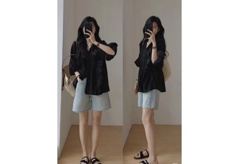 Sơ mi đen phối quần gì nữ – gợi ý mix & match thanh lịch và thời thượng 19 Quần short là lựa chọn lý tưởng khi mix cùng sơ mi đen để dạo phố.