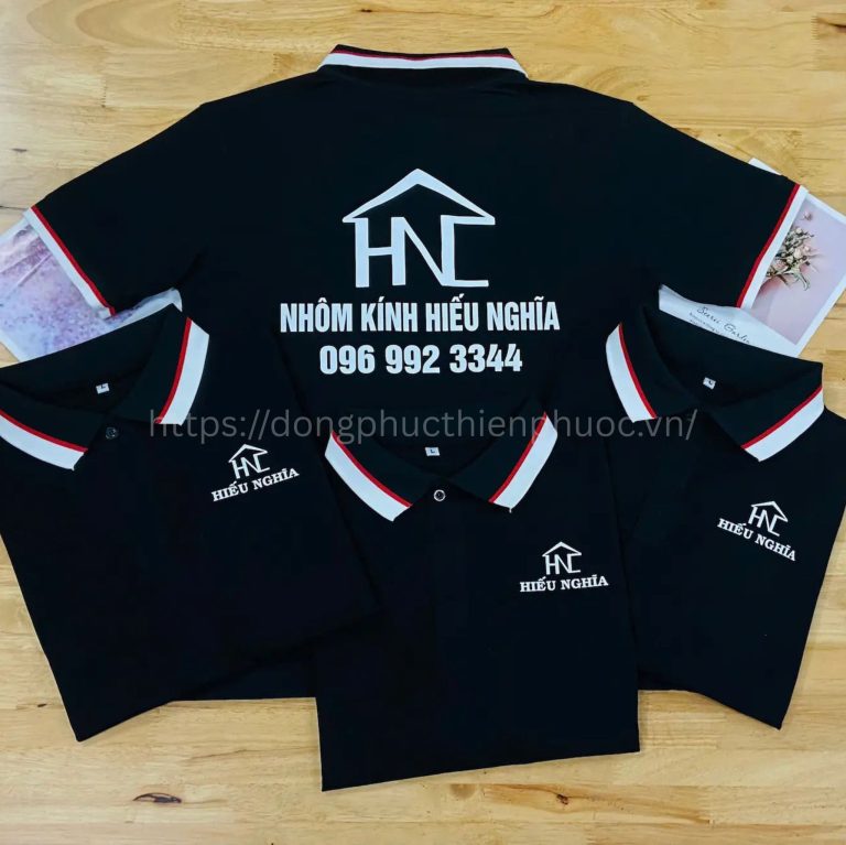Áo cổ trụ đen in logo – đồng phục công ty Thiên Phước
