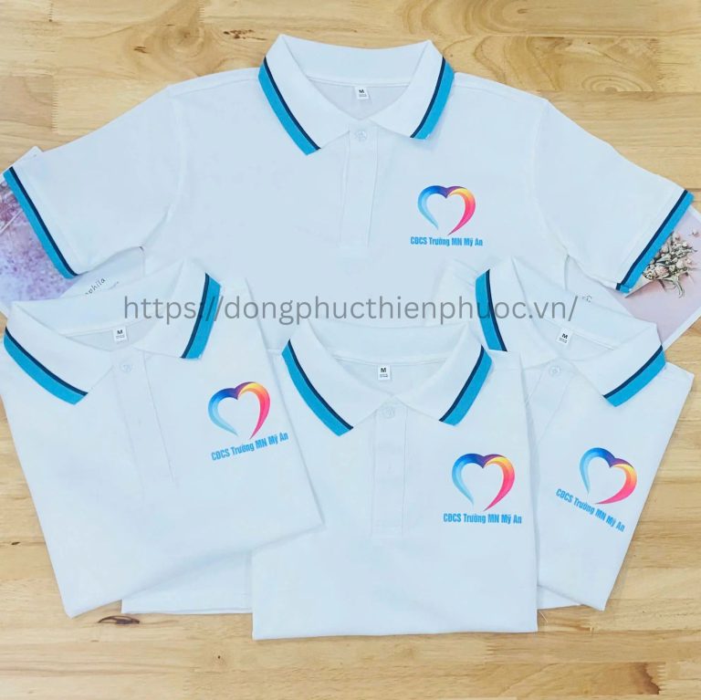 Áo cổ trụ trắng phối viền xanh – đồng phục công ty Thiên Phước