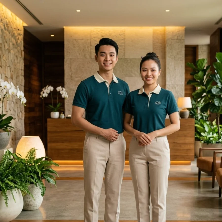 Polo massage nam nữ xanh cổ vịt