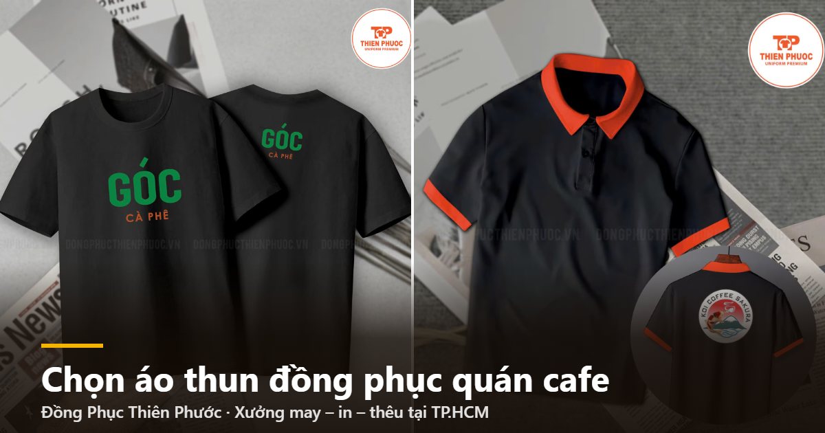 Áo thun đồng phục quán cafe cổ tròn và polo phối cổ do Thiên Phước may