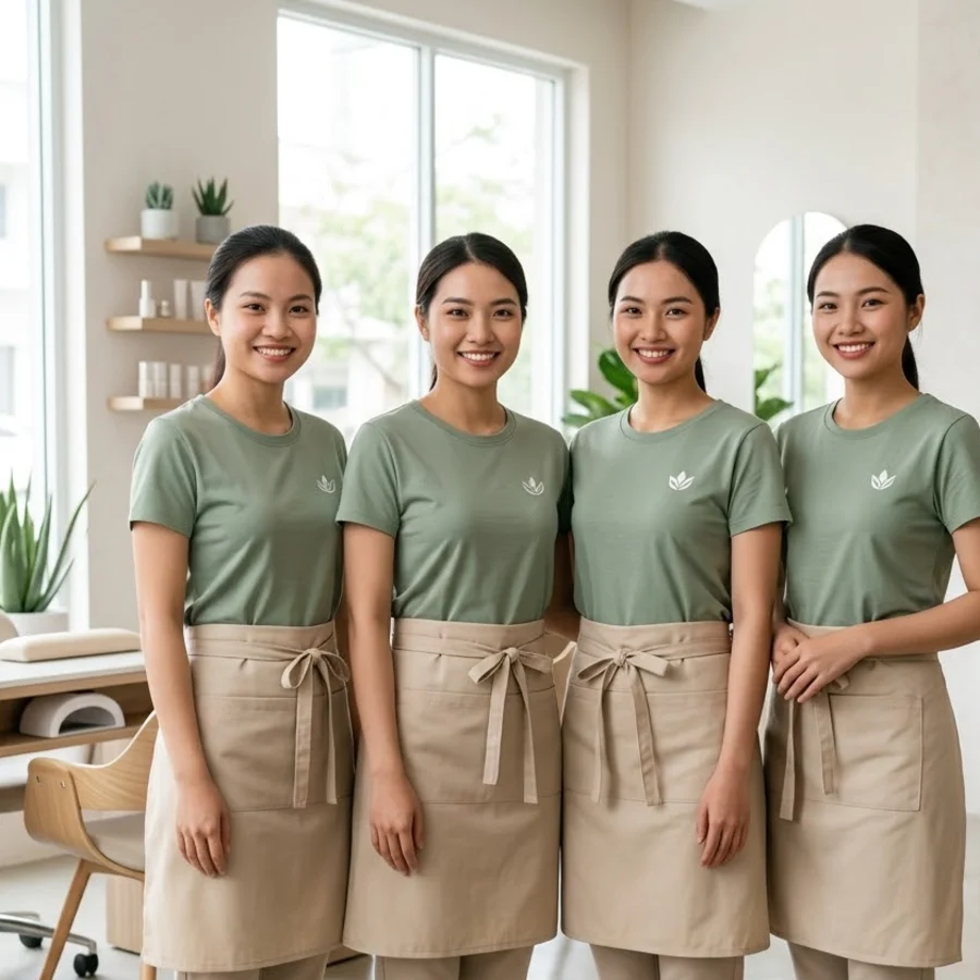 Áo thun spa, nail xanh sage