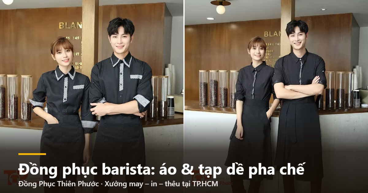 Nhân viên pha chế mặc đồng phục barista áo sơ mi phối tạp dề