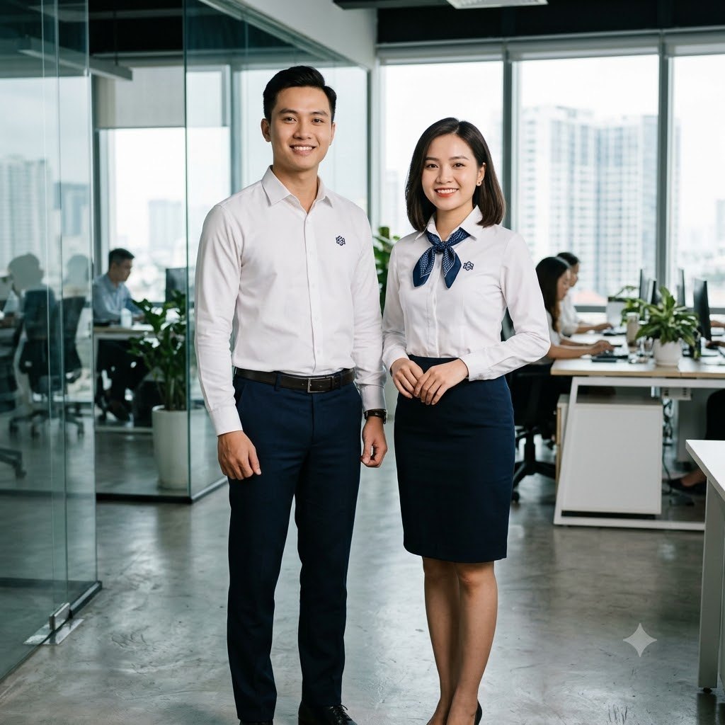 Đồng phục công sở áo sơ mi trắng thêu logo
