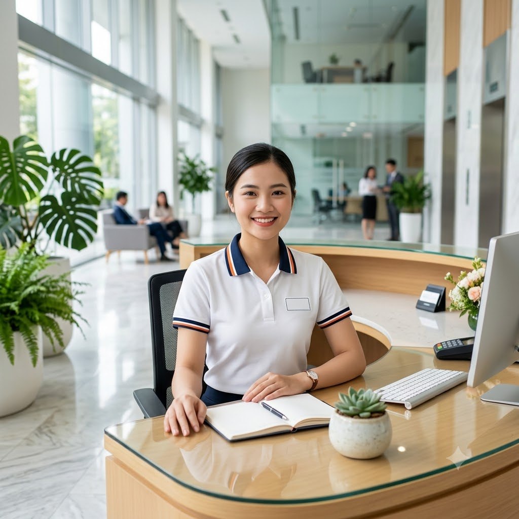 Đồng phục lễ tân văn phòng áo polo bo cổ dệt sọc
