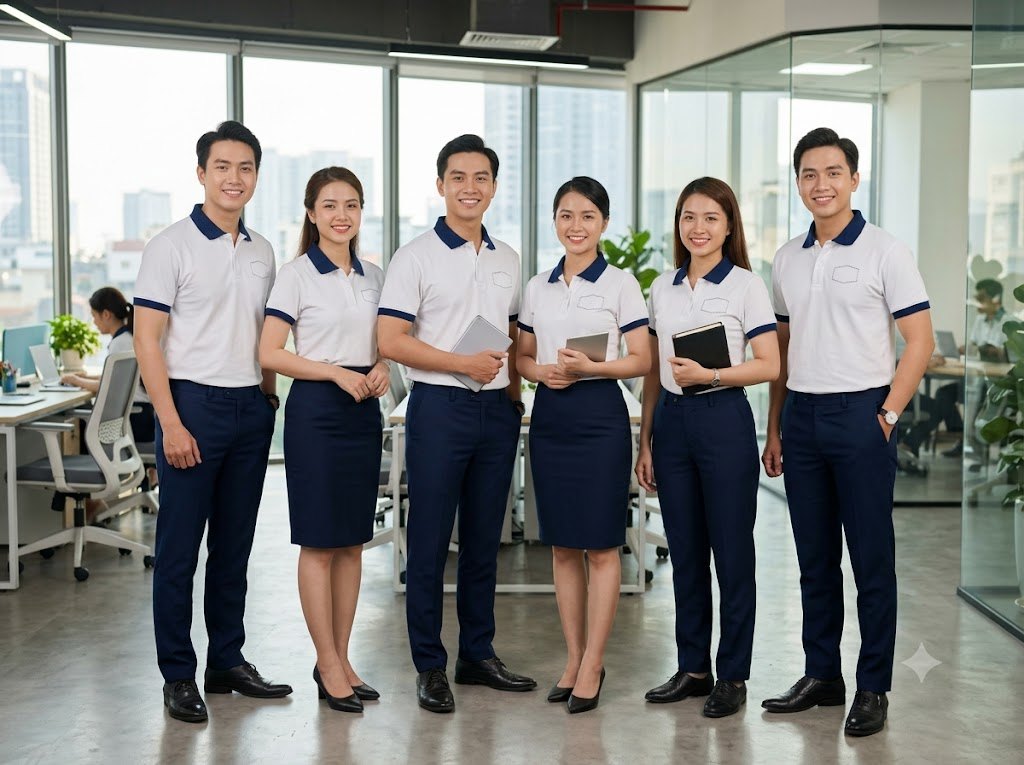 Đồng phục nhân viên công ty áo polo trắng phối cổ navy