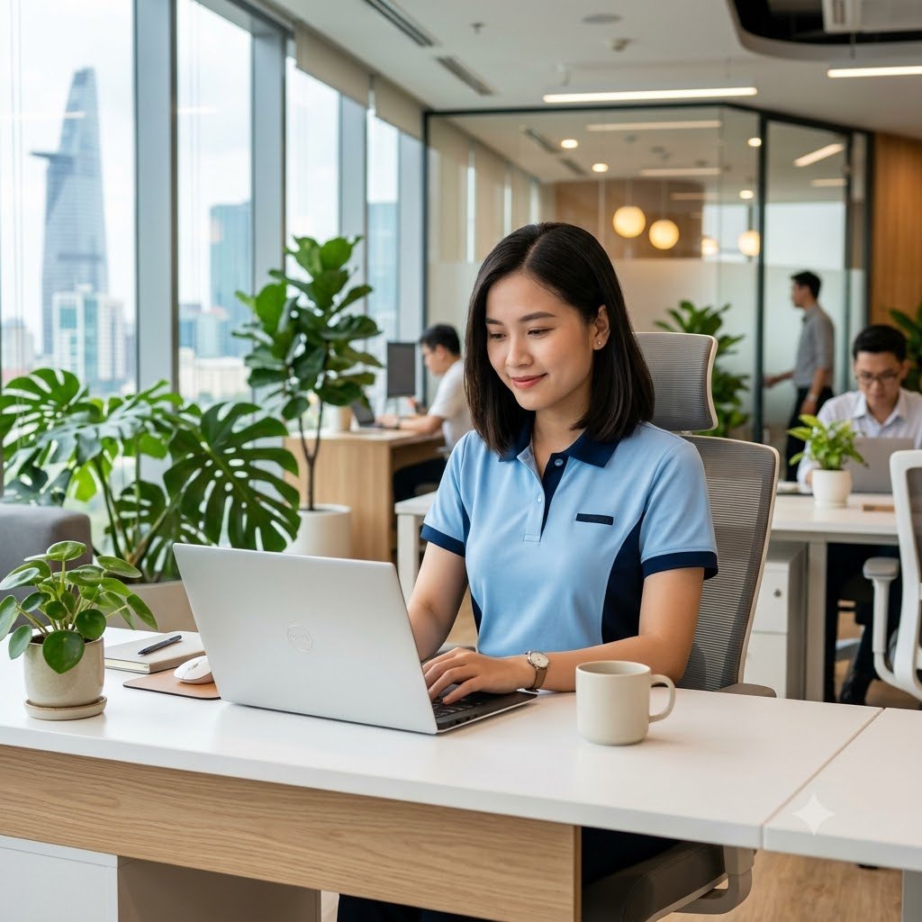 Nhân viên văn phòng mặc áo polo xanh phối sườn navy