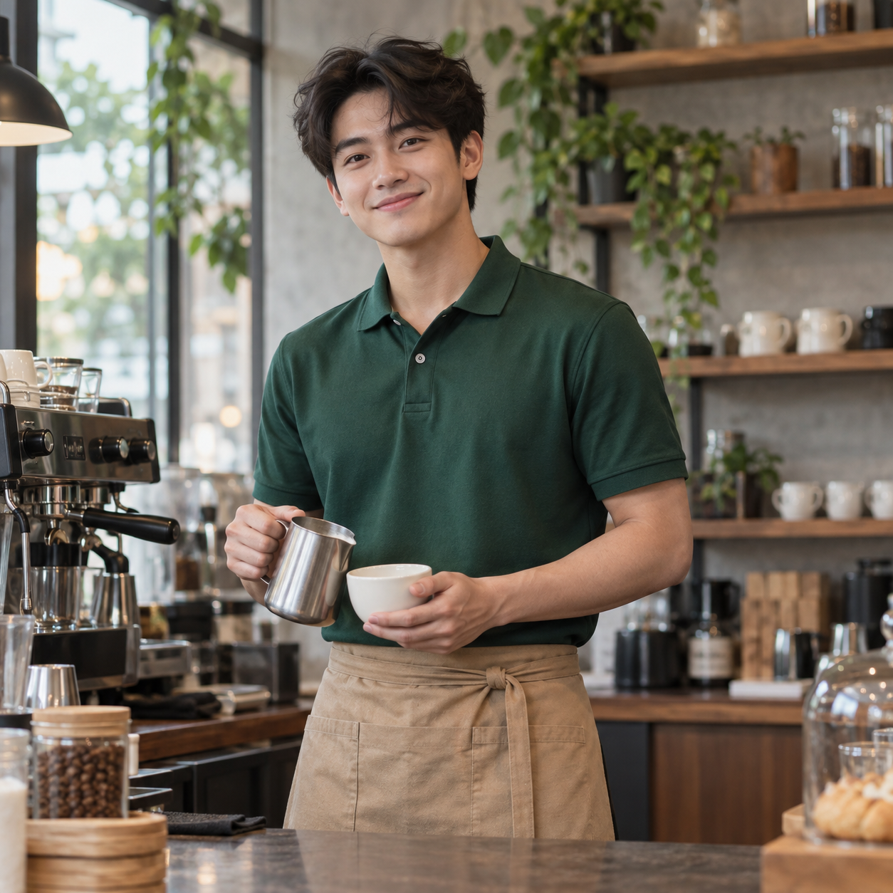 Polo xanh rêu phối tạp dề