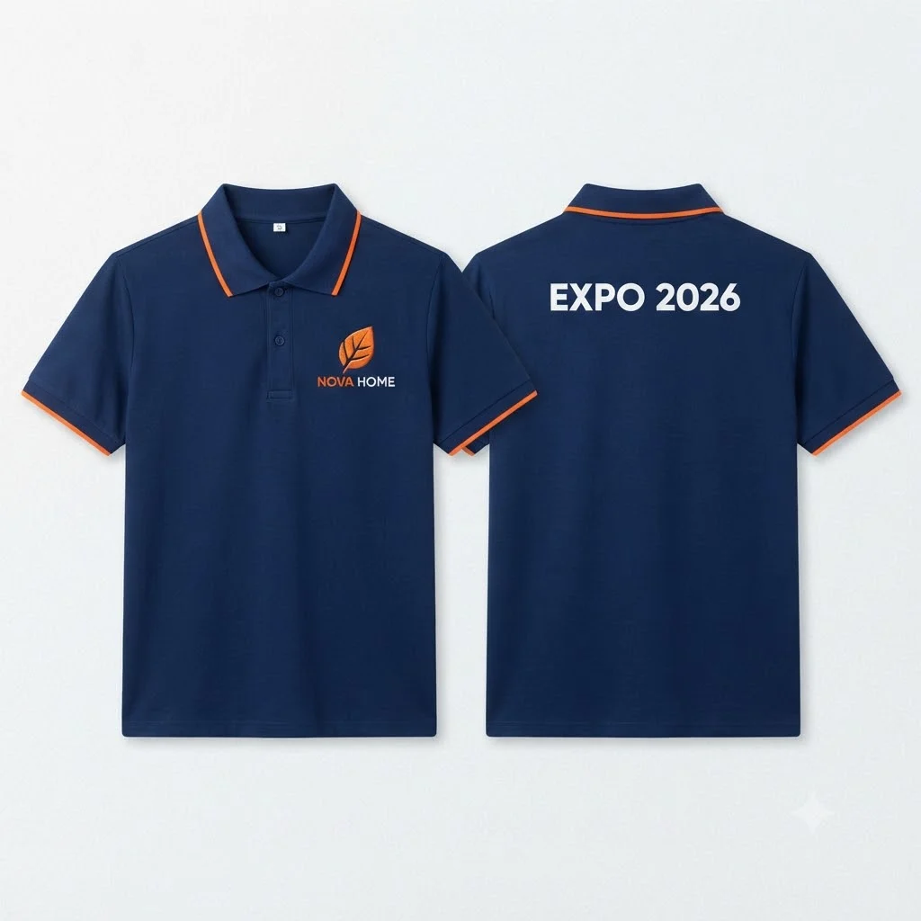 Mẫu Áo Thun In Logo Công Ty Đẹp: Ý Tưởng Theo Ngành & Cách Phối Màu Logo 12 Mẫu áo polo navy thêu logo ngực, in chữ EXPO 2026 sau lưng cho hội chợ triển lãm