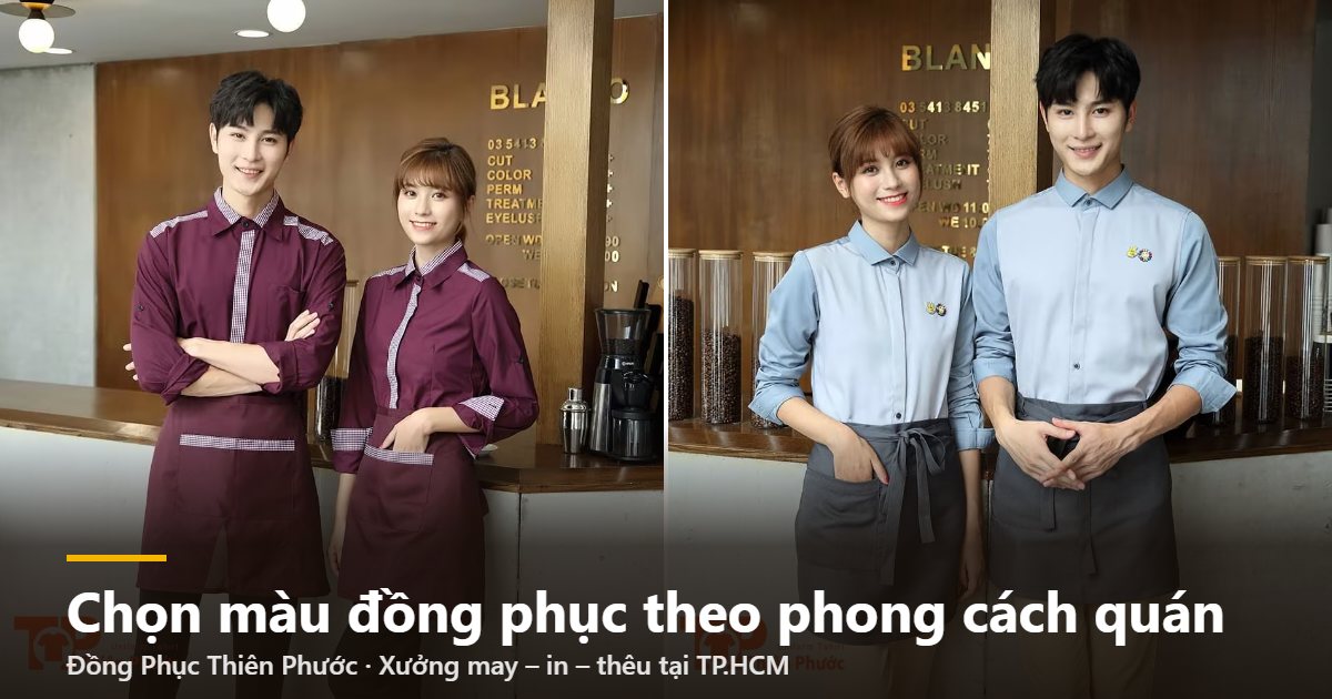 Đồng phục quán cafe màu đỏ đô và xanh nhạt theo phong cách quán