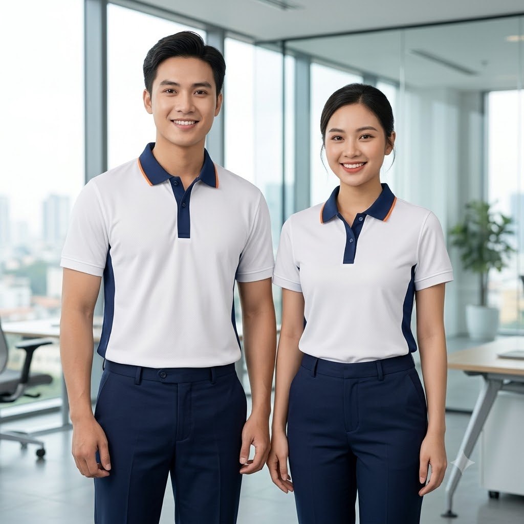 Thiết kế áo polo đồng phục công ty trắng phối xanh navy