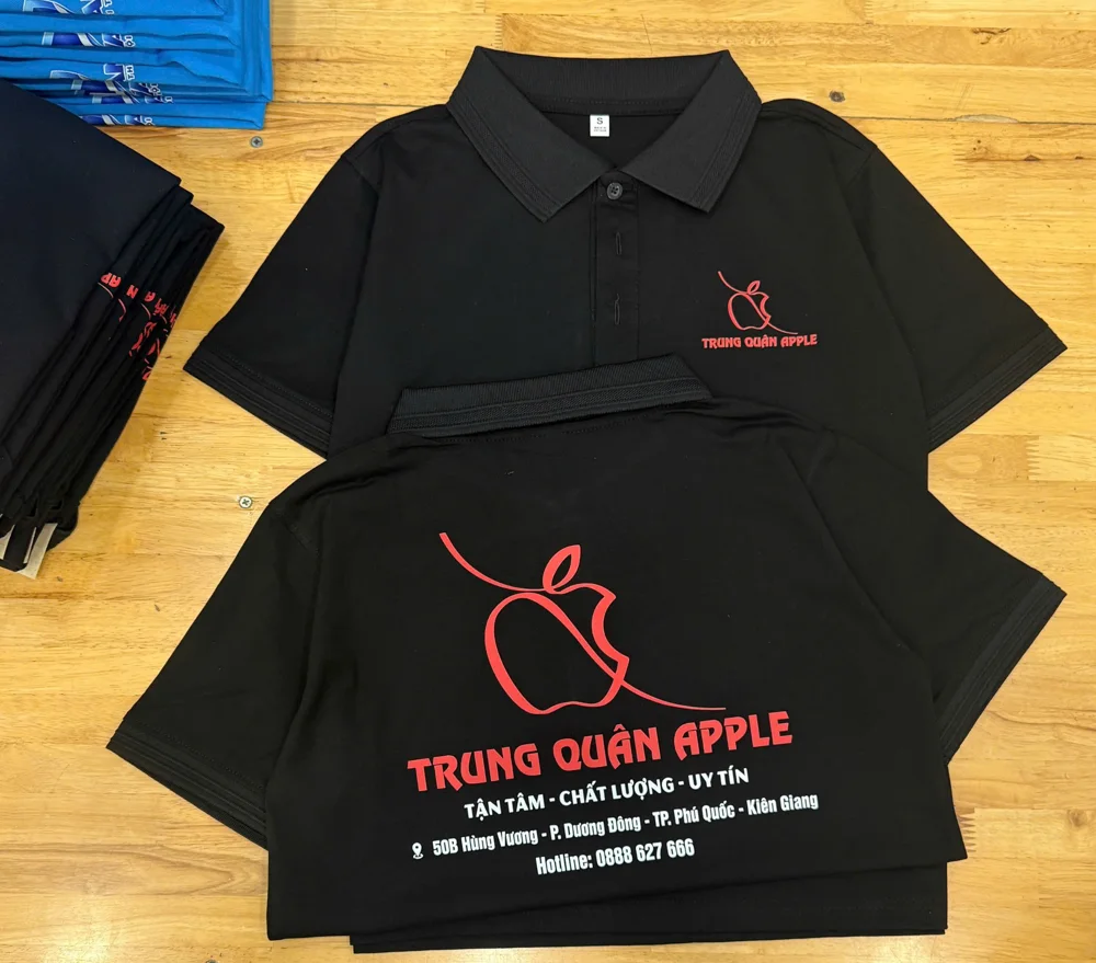 In áo thun theo yêu cầu tại TPHCM – Nhận từ 1 áo 7 Polo đen in logo Trung Quân Apple tại Thiên Phước