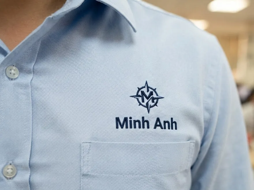 Thêu Logo Lên Áo Đồng Phục: Kỹ Thuật Thêu Vi Tính, Kích Thước & Vị Trí Chuẩn 28 Áo sơ mi thêu logo và tên nhân viên – Đồng Phục Thiên Phước