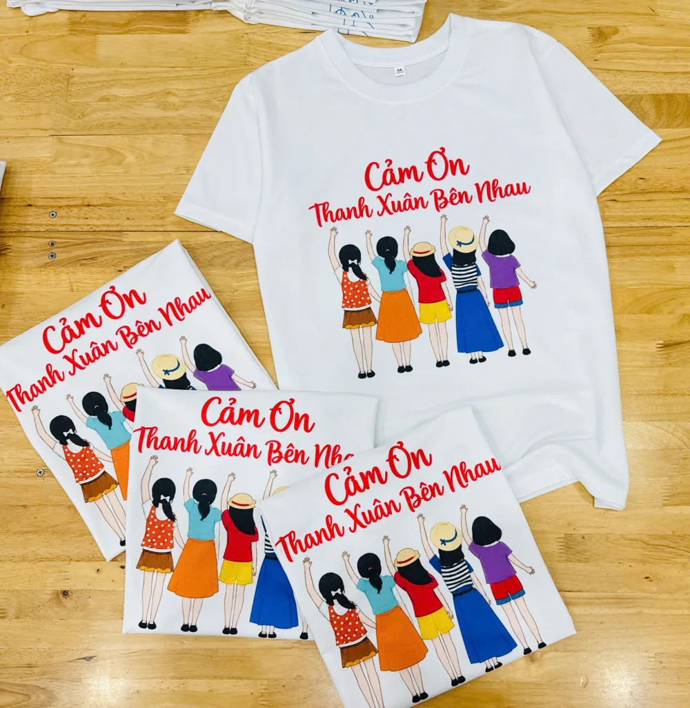 In áo thun theo yêu cầu tại TPHCM – Nhận từ 1 áo 8 Áo thun trắng in hình “Thanh xuân bên nhau” tại Thiên Phước