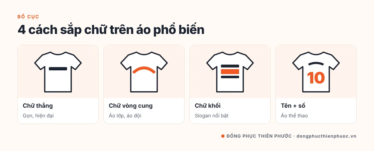 In Chữ Lên Áo Thun Theo Yêu Cầu: Chọn Kỹ Thuật, Font Chữ & Kích Thước Chuẩn 24 Bốn bố cục chữ trên áo phổ biến: chữ thẳng một dòng, chữ vòng cung, chữ khối nhiều dòng và tên kèm số áo