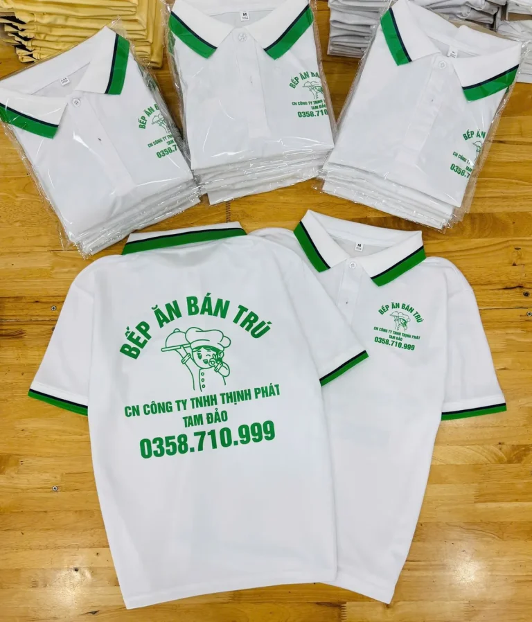 In Lụa Là Gì? Nguyên Lý, Quy Trình & Cách Ứng Dụng In Lụa Cho Áo Đồng Phục 32 In lụa xanh lá áo polo bếp ăn – Đồng Phục Thiên Phước
