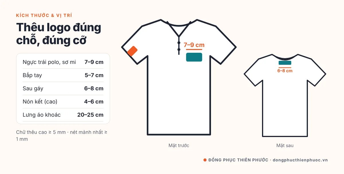 Thêu Logo Lên Áo Đồng Phục: Kỹ Thuật Thêu Vi Tính, Kích Thước & Vị Trí Chuẩn 22 Sơ đồ kích thước và vị trí thêu logo chuẩn trên áo polo đồng phục: ngực trái, tay áo, sau gáy