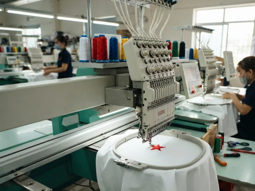 Thêu Logo Lên Áo Đồng Phục: Kỹ Thuật Thêu Vi Tính, Kích Thước & Vị Trí Chuẩn 26 Máy thêu vi tính nhiều đầu đang thêu logo – Đồng Phục Thiên Phước