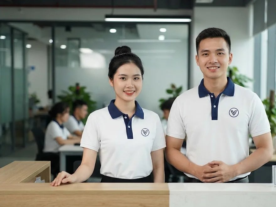 Thêu Logo Lên Áo Đồng Phục: Kỹ Thuật Thêu Vi Tính, Kích Thước & Vị Trí Chuẩn 38 Nhân viên mặc áo polo thêu logo – Đồng Phục Thiên Phước