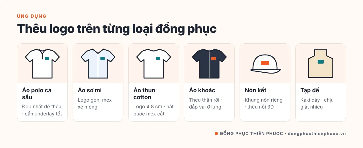 Thêu Logo Lên Áo Đồng Phục: Kỹ Thuật Thêu Vi Tính, Kích Thước & Vị Trí Chuẩn 29 Thêu logo trên từng loại đồng phục: áo polo, sơ mi, áo thun, áo khoác, nón kết, tạp dề và lưu ý kỹ thuật