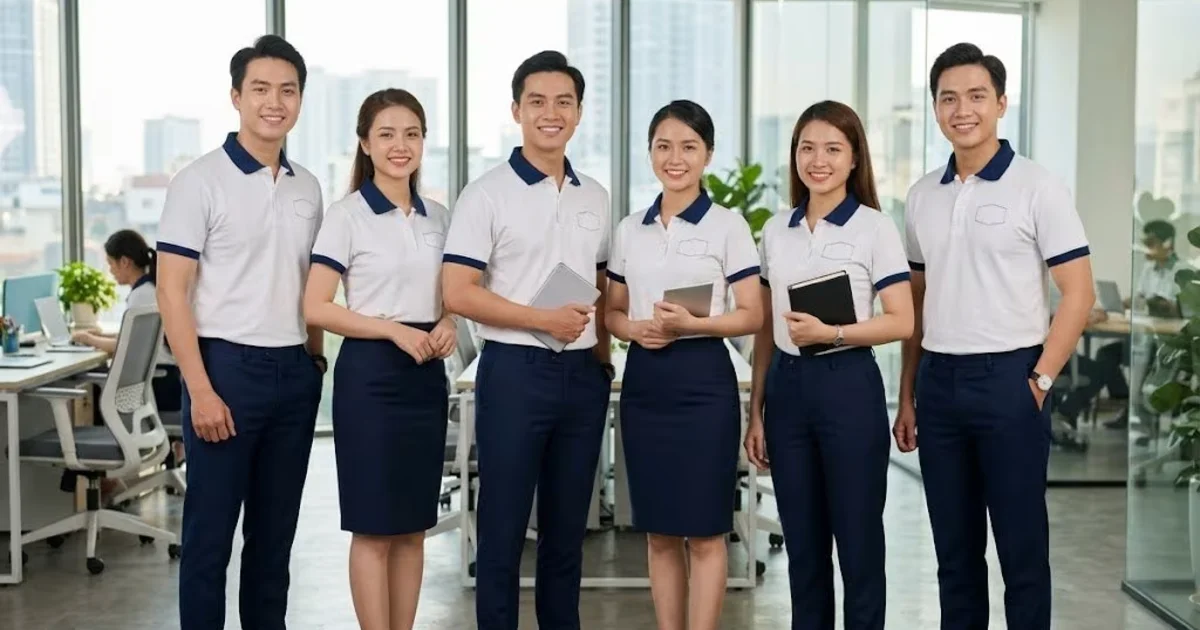 Thiết kế đồng phục công ty – nhân viên mặc áo polo đồng phục trắng phối navy